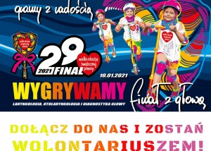 banner reklamujący 29 finał wośp. po prawejj stronie 3 dziewczynki na hulajnogach, po lewej napis 29 finał wośp wygrywamy finał z głową, dołącz do nas i zostań wolontariuszem