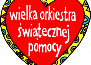 logotyp wielkiej orkiestry świątecznej pomocy. białe litery wpisane w czerwone serce z żółtą ramką