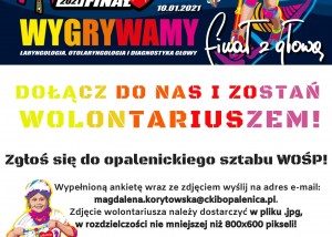 plakat zachęcający do dołączenia do grupy wolontariuszy wośp w trakcie 29 finału wośp. treść plakatu: zgłoś się do opalenickiego sztabu wośp. wypełnioną ankietę ze zdjeciem wyślij na adres magdalena.korytowska@ckibopalenica.pl. na zgłoszenia czekamy do 11 grudnia 2020