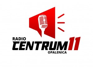 Logotyp Radio Centrum 11. Na białym tle czerwony megafon, a w nim narysowany biały mikrofon radiowy w starym stylu. czarny napis Radio centrum opalenica i czerwone 11