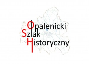 logotyp opalenickiego szlaku historycznego/ na bialym tle mapa gminy opalenica, a na niej proste czarne litery. pierwsza litera każdego słowa jest w kolorze czerwonym.