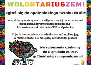 Kolorowy plakat informujący o naborze na wolontariuszy WOŚP