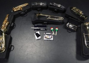Na zdjęciu instrumenty muzyczne leżące w półokręgu na pokrowcach