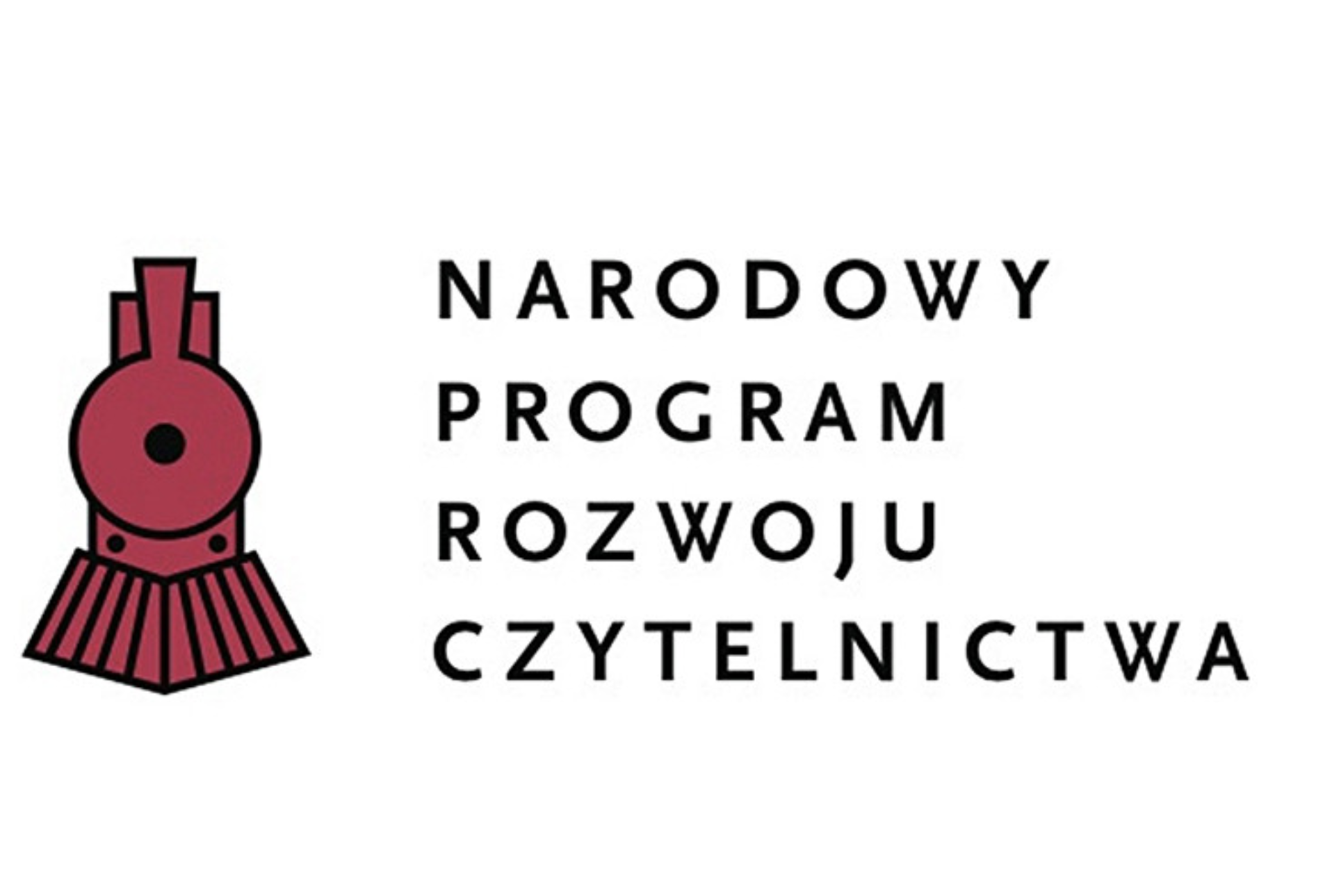 logotyp narodowego programu rozwoju czytelnictwa. białe tło z czarnym napisem, po lewej stronie uproszczony rysunek czerwonej lokomotywy