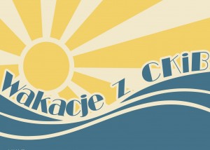 Niebiesko-żółte logo Wakacje z CKiB, imitujący wodę i słońce