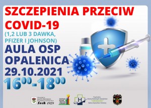 Plakat informujący o szczepieniach przeciw COVID-19. Na plakacie widnieje adres, data oraz godziny, w których odbędzie się szczepienie.